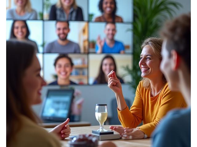 Diverse group of adults happily engaged in a lively online community discussion, symbolizing connection, support, and shared wellness goals.
